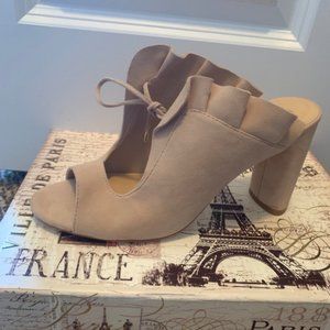 Antonio Melani Nude Suede Bootie Ruffle Trim